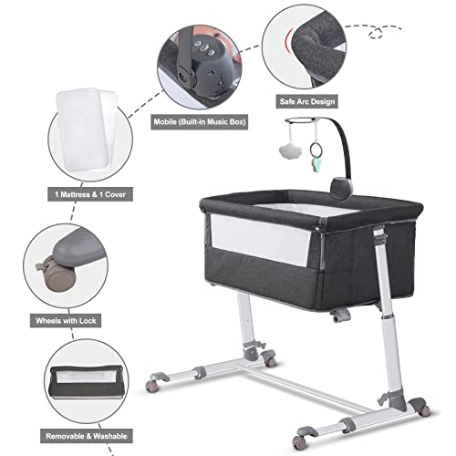 Yacul Baby Bassinet, Bedside Crib Sleeper with Wheels and Music Box, Height Adjustable fit for Bed