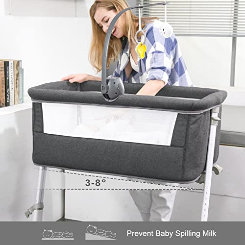Yacul Baby Bassinet, Bedside Crib Sleeper with Wheels and Music Box, Height Adjustable fit for Bed