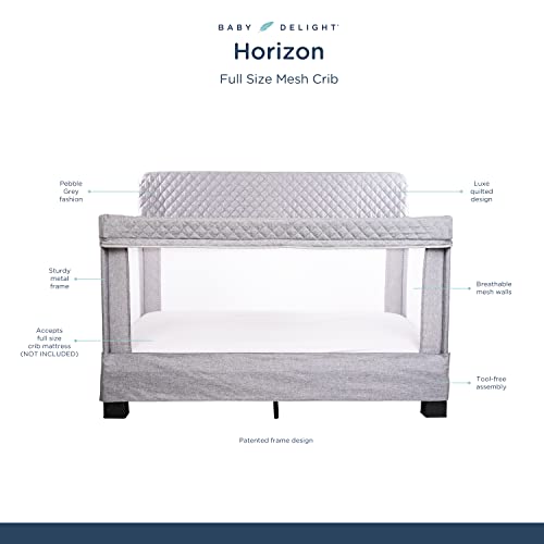 Baby Delight Horizon Full Size Crib | Portable Baby Bed | Breathable Mesh Baby Crib | Luxe Quilted Fabric | Grey
