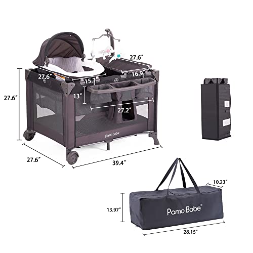 Pamo Babe 4 in 1 Portable Crib for Baby,Nursery Center with Removable Canopy, Changing Table, Lockable Wheels, Storage Bag