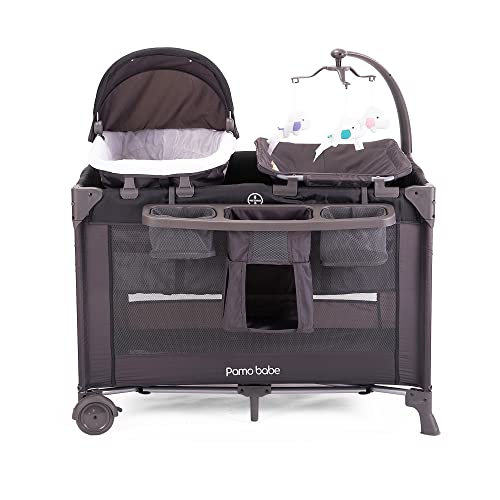 Pamo Babe 4 in 1 Portable Crib for Baby,Nursery Center with Removable Canopy, Changing Table, Lockable Wheels, Storage Bag