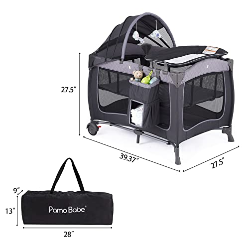 Pamo Babe Portable Baby Nursery Center Baby Playard, Foldable Baby Crib with Changing Table & Wheels(Grey)
