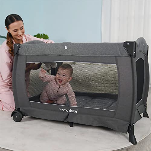 Pamo Babe Deluxe Nursery Center, Foldable Playard for Baby & Toddler, Bassinet, Mattress, Changing Table for Newborn(Black)