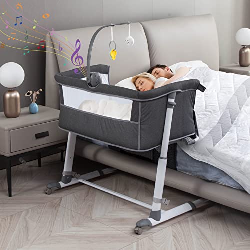 Yacul Baby Bassinet, Bedside Crib Sleeper with Wheels and Music Box, Height Adjustable fit for Bed