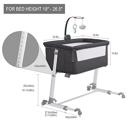 Yacul Baby Bassinet, Bedside Crib Sleeper with Wheels and Music Box, Height Adjustable fit for Bed