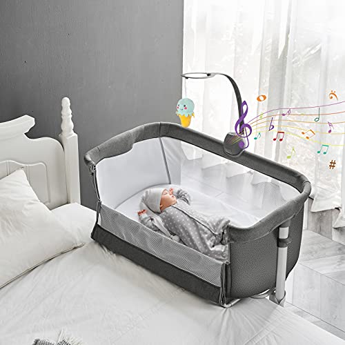 Yacul Baby Bassinet Bedside Sleeper, with Music Box, Easy to Assemble Bed to Bed