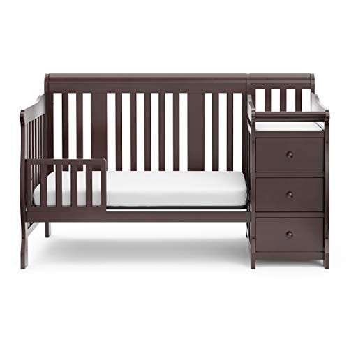 Storkcraft Portofino 5-in-1 Convertible Crib and Changer (Espresso) – Crib and Changing Table Combo with 3 Drawers