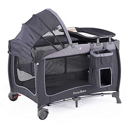 Pamo Babe Portable Baby Nursery Center Baby Playard, Foldable Baby Crib with Changing Table & Wheels(Grey)
