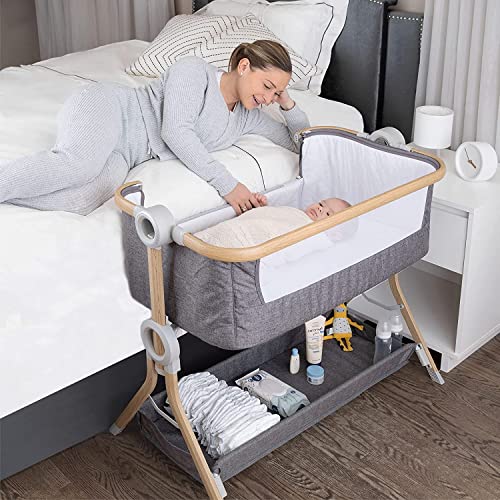 KoolerThings Baby Bassinet, Bedside Sleeper for Baby, Easy Folding Portable Crib with Storage Basket for Newborn