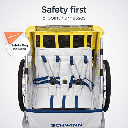 Schwinn Echo Child Bike Trailer, Double Baby Carrier, Canopy, 20-inch Wheels, Yellow