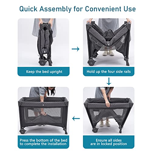Pamo Babe 4 in 1 Portable Crib for Baby,Nursery Center with Removable Canopy, Changing Table, Lockable Wheels, Storage Bag