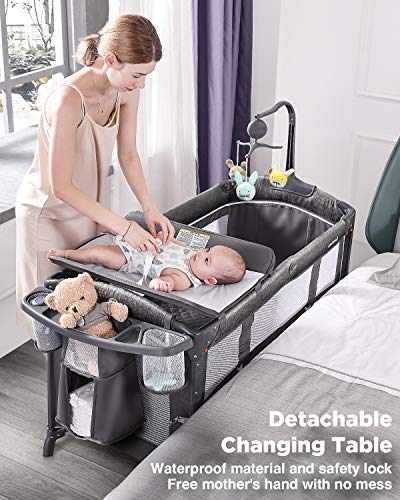 ADOVEL Baby Bassinet Bedside Crib, Pack and Play with Mattress, Diaper Changer and Playards from Newborn to Toddles, Grey