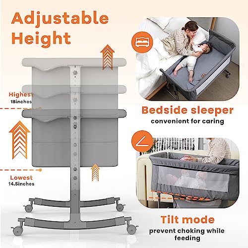 uiuwoo Bedside Crib for Baby, 3 in 1 Bassinet with Large Curvature Cradle, Adjustable and Movable Baby Bed with Mosquito Nets,