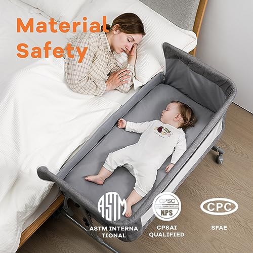 uiuwoo Bedside Crib for Baby, 3 in 1 Bassinet with Large Curvature Cradle, Adjustable and Movable Baby Bed with Mosquito Nets,