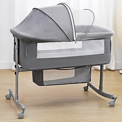 uiuwoo Bedside Crib for Baby, 3 in 1 Bassinet with Large Curvature Cradle, Adjustable and Movable Baby Bed with Mosquito Nets,