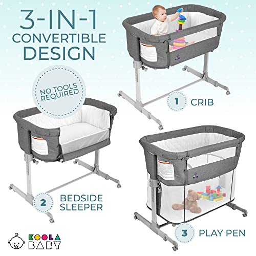 3 in 1 Baby Bassinet, Bedside Sleeper, & Playpen, Easy Folding Portable Crib (Grey)- KoolaBaby (Bassinet)