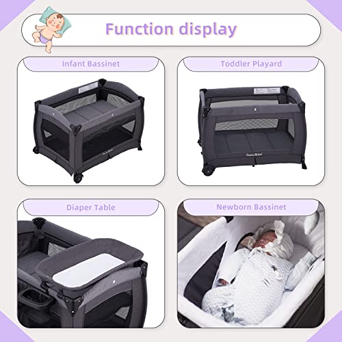 Pamo Babe Deluxe Nursery Center, Foldable Playard for Baby & Toddler, Bassinet, Mattress, Changing Table for Newborn(Black)