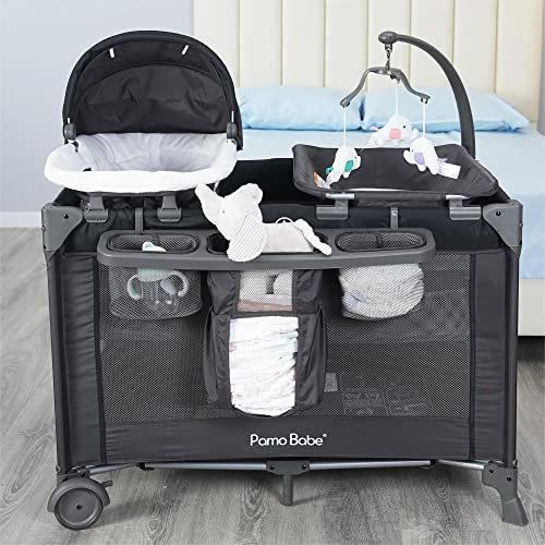 Pamo Babe 4 in 1 Portable Crib for Baby,Nursery Center with Removable Canopy, Changing Table, Lockable Wheels, Storage Bag