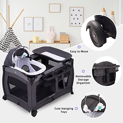 Pamo Babe Deluxe Nursery Center, Foldable Playard for Baby & Toddler, Bassinet, Mattress, Changing Table for Newborn(Black)