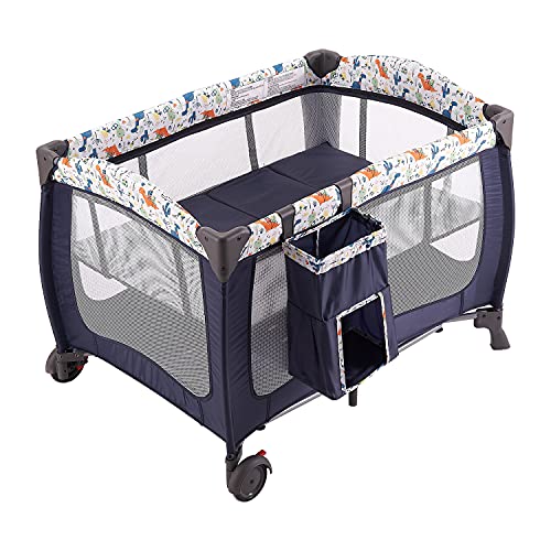 Pamo Babe Portable Baby Nursery Center Play Yard with Wheels(Navy Blue)