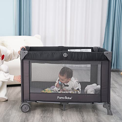 Pamo Babe 4 in 1 Portable Crib for Baby,Nursery Center with Removable Canopy, Changing Table, Lockable Wheels, Storage Bag