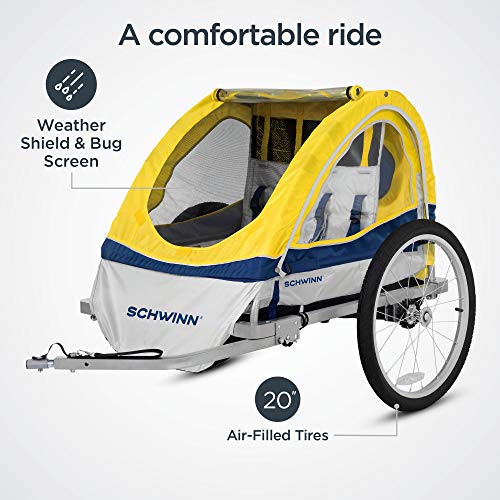 Schwinn Echo Child Bike Trailer, Double Baby Carrier, Canopy, 20-inch Wheels, Yellow