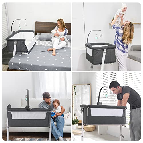 Yacul Baby Bassinet, Bedside Crib Sleeper with Wheels and Music Box, Height Adjustable fit for Bed