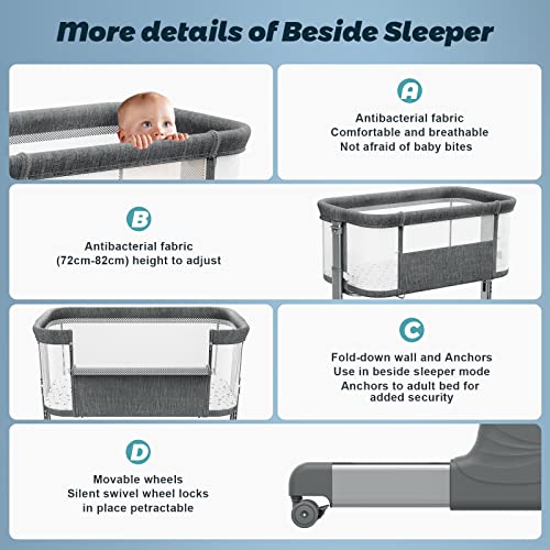 VANCLE Baby Bassinet Bedside Crib for Baby Sleeper, Portable Mesh Bassinet with Wheels & Comfy Mattress