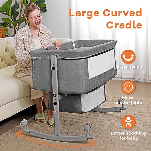 uiuwoo Bedside Crib for Baby, 3 in 1 Bassinet with Large Curvature Cradle, Adjustable and Movable Baby Bed with Mosquito Nets,