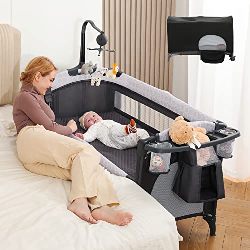 ELEMARA 4 in 1 Baby Bassinet Bedside Crib with Diaper Changer,Pack and Play with Mattress