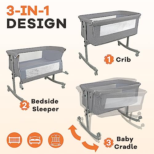 uiuwoo Bedside Crib for Baby, 3 in 1 Bassinet with Large Curvature Cradle, Adjustable and Movable Baby Bed with Mosquito Nets,
