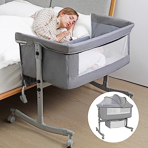 uiuwoo Bedside Crib for Baby, 3 in 1 Bassinet with Large Curvature Cradle, Adjustable and Movable Baby Bed with Mosquito Nets,