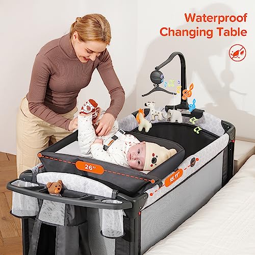ELEMARA 4 in 1 Baby Bassinet Bedside Crib with Diaper Changer,Pack and Play with Mattress