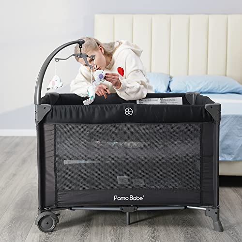 Pamo Babe 4 in 1 Portable Crib for Baby,Nursery Center with Removable Canopy, Changing Table, Lockable Wheels, Storage Bag