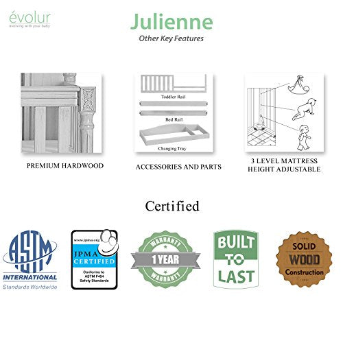 Evolur Julienne 5 in 1 Convertible Crib, Antique Grey Mist 55.5x31.2x51.5 Inch