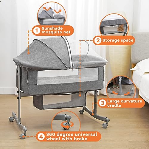 uiuwoo Bedside Crib for Baby, 3 in 1 Bassinet with Large Curvature Cradle, Adjustable and Movable Baby Bed with Mosquito Nets,