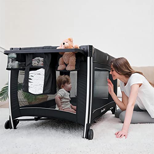 Pamo Babe 4 in 1 Portable Baby Crib Deluxe Nursery Center, Foldable Travel Playard with Bassinet
